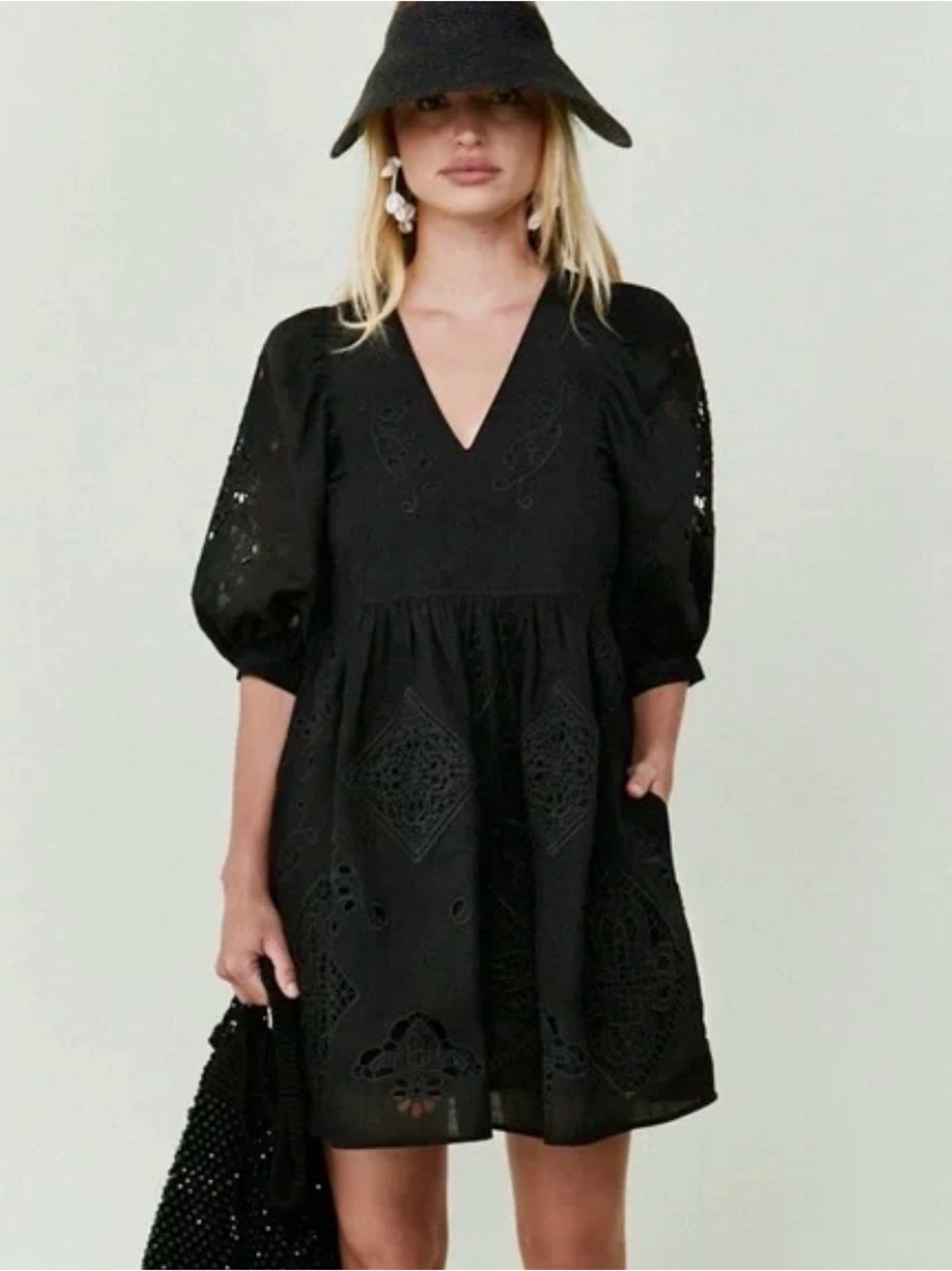 HUNTER BELL Black Eyelet V-Neck Puff Sleeve Mini Dress